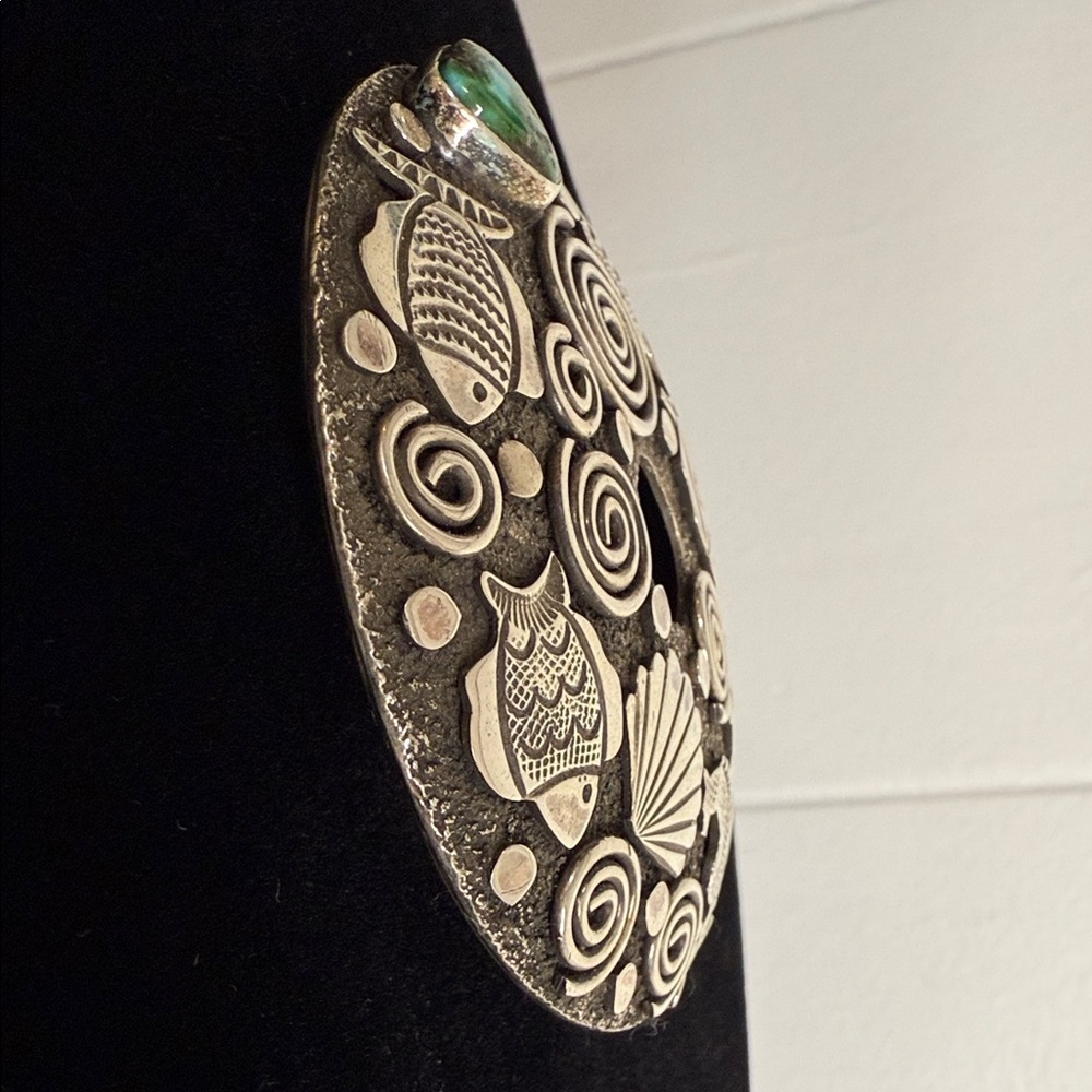 Alex Sanchez heavy gauge Silver and Royston Turquoise Seed Box with Sea Motifs - Picture 4 of 7